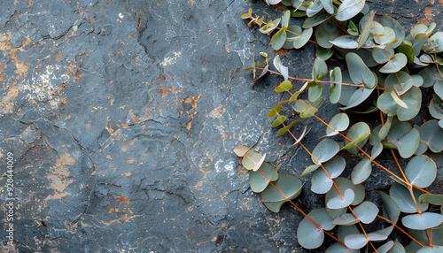 Eucalyptus branches on a rough stone surface top view. Wediing invitation card mockup photo