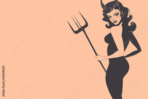 A vintage retro style sexy halloween devil woman with a pitch fork