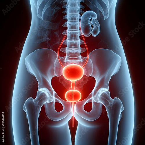 Female Pelvic Anatomy X-ray with Bladder Highlight | A detailed medical X-ray illustration of the female pelvic region, with the bladder and reproductive organs highlighted in red.