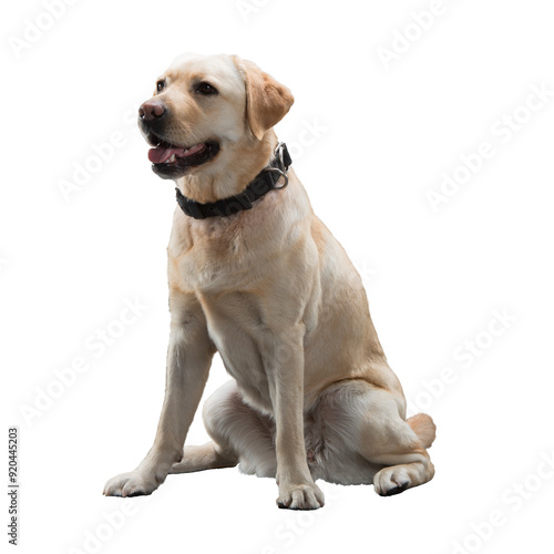 A friendly golden labrador retriever sits patiently, wearing a black collar. The dog's eyes are bright and alert.