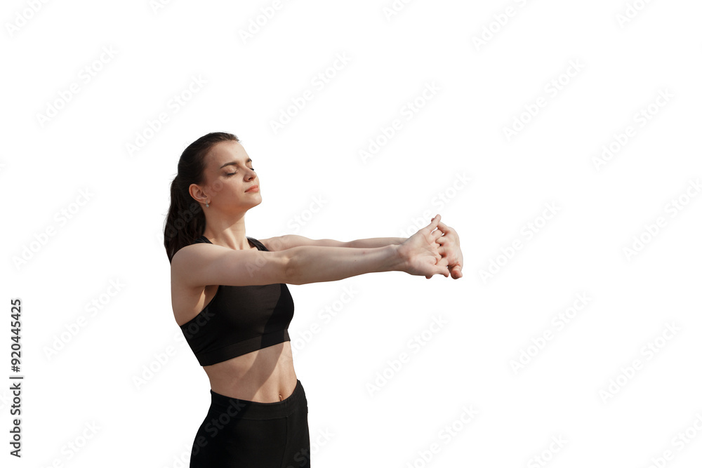 Woman in black activewear stretching arms by the waterfront, enjoying outdoor exercise against transparent background Woman in black activewear stretching arms by the waterfront, enjoying outdoor exercise against transparent background