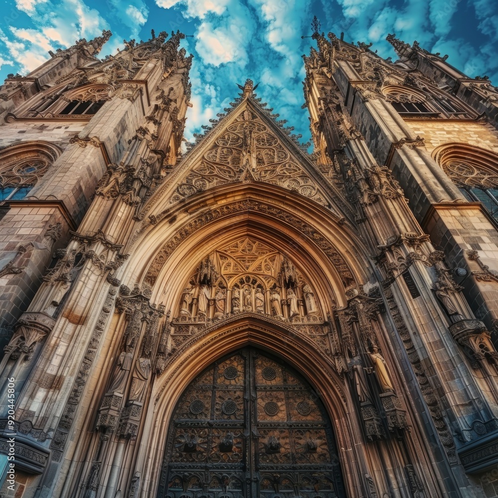 Fototapeta premium Gothic cathedral in Barcelona, Catalonia, Spain. Entrance in Barcelona Cathedral with tower. Ancient architecture of old town with medieval houses. Blue