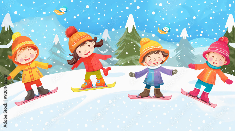 Fototapeta premium Four happy kids snowboarding in a snowy landscape. ..