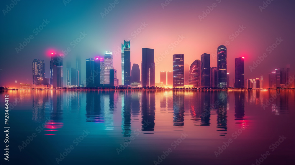 Fototapeta premium City skyline reflected in water at twilight. ..