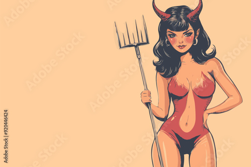 A vintage retro style sexy halloween devil woman with a pitch fork