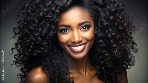 A beautiful African American woman with luscious, shiny black hair styled in loose curls, smiling confidently with a radiant, warm, and inviting expression.