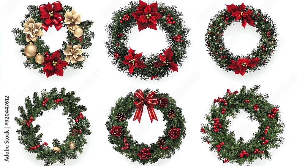 Wreath set stickers, elegant and 3D realistic High quality image files,, perfect for Christmas-themed projects, Wreath set stickers, elegant and 3D realistic High quality image files,, perfect for Christmas-themed projects,