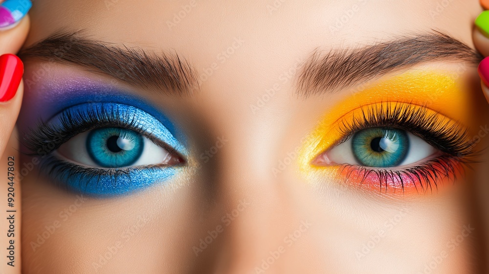 A woman with blue eyes and orange and yellow eye makeup A woman with blue eyes and orange and yellow eye makeup