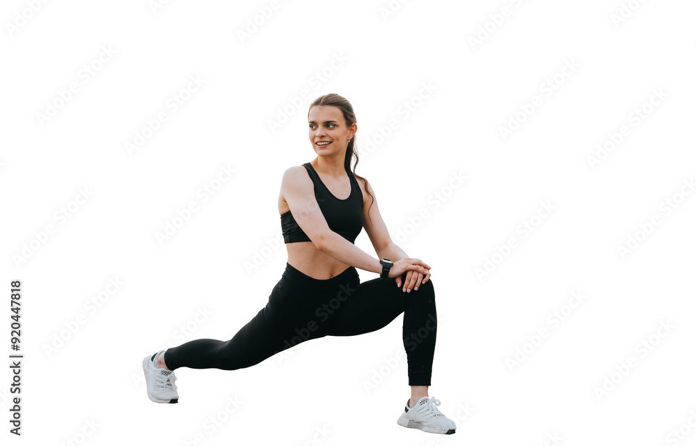 Woman performing a stretching exercise on an urban pathway, promoting flexibility and fitness against transparent background Woman performing a stretching exercise on an urban pathway, promoting flexibility and fitness against transparent background
