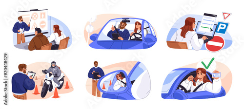 Education in driving school set. Girl learning at driver course, lesson with instructor. Computer test and exam of road rules for car license. Flat isolated vector illustrations on white background