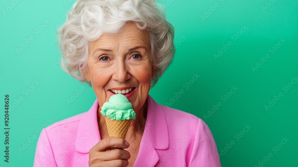 A woman in a pink jacket is holding a green ice cream cone. She is smiling and she is enjoying her treat A woman in a pink jacket is holding a green ice cream cone. She is smiling and she is enjoying her treat