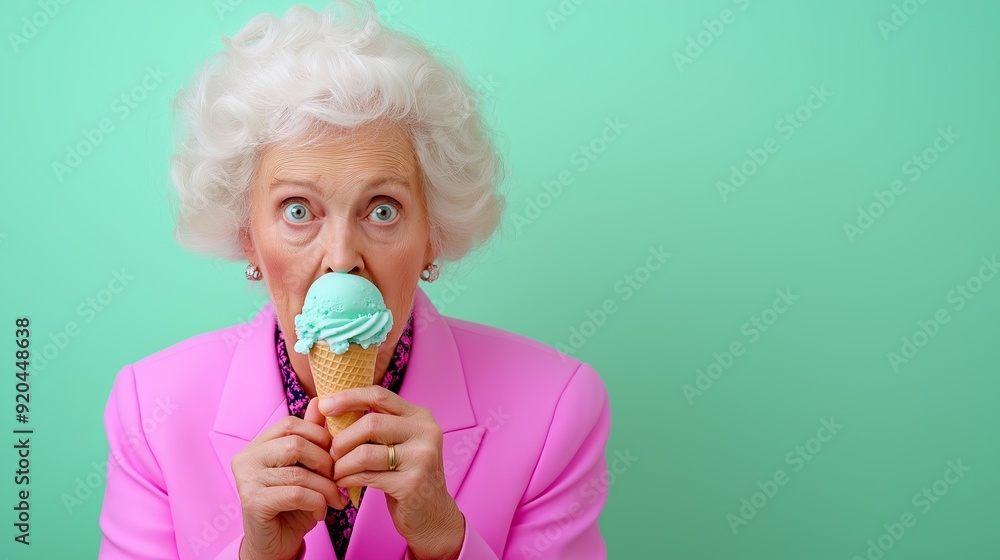 A woman in a pink suit holding an ice cream cone. She has a surprised look on her face A woman in a pink suit holding an ice cream cone. She has a surprised look on her face