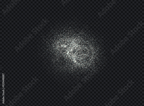 Salt or sugar crystal powder, flying dust particles. White dust grain texture isolated on dark background. Crushed granules of sand or flour. Vector illustration of spilled powder.