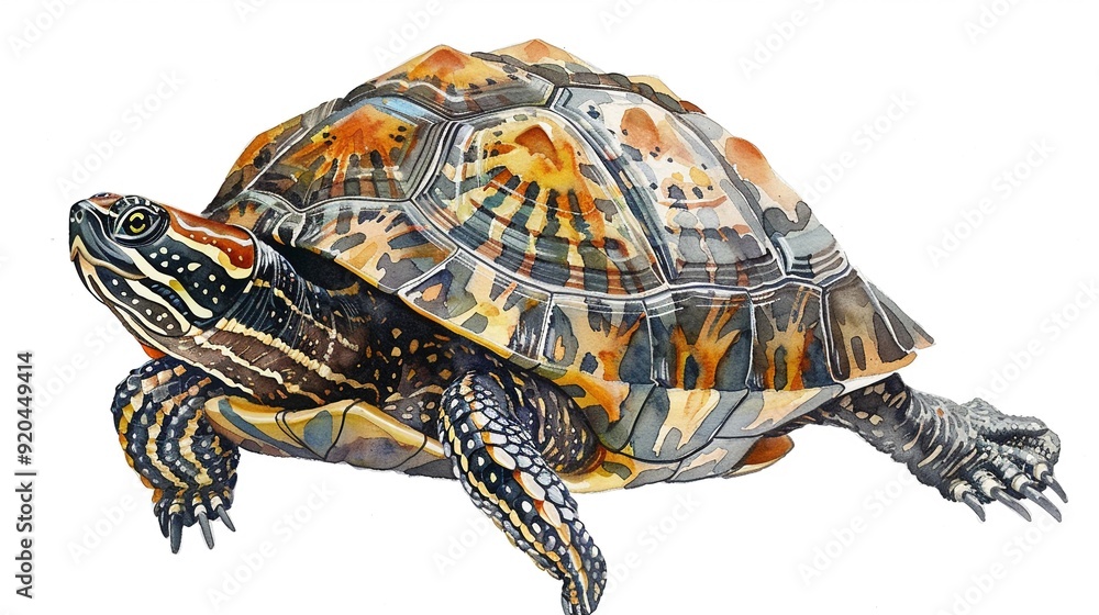 Spotted turtle blending into its surroundings,Clipart, watercolor illustration, Perfect for nursery art The style is hand  drawn, white background