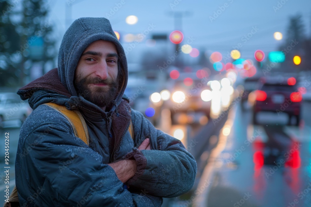 A man in a hooded jacket stands on a city street, looking into the camera with a thoughtful expression. AI. A man in a hooded jacket stands on a city street, looking into the camera with a thoughtful expression. AI.