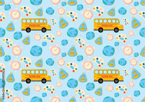 Schoolbus, alarm clock, globe, color palette, and school bag seamless pattern on blue background. For cards, frames, posters, book covers, textiles, wallpaper, wrapping and fabric.