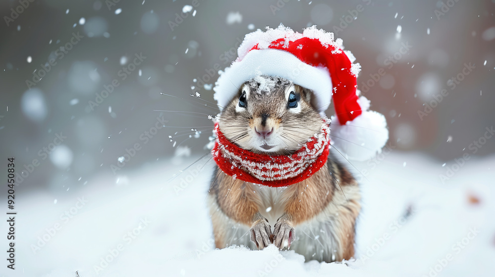 Cute squirrel wearing Santa hat and scarf in snow. .. Cute squirrel wearing Santa hat and scarf in snow. ..