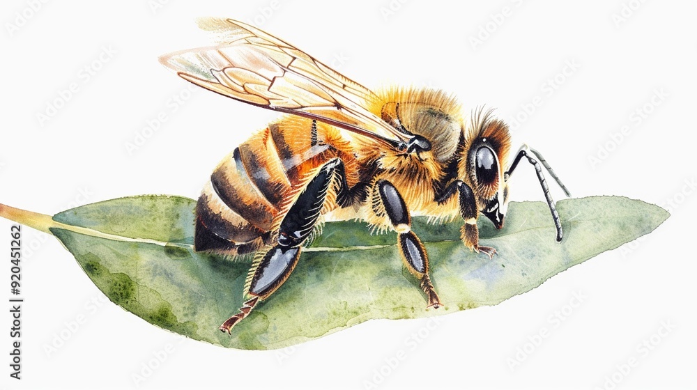Naklejka premium Bee resting on a leaf,Clipart, watercolor illustration, Perfect for nursery art The style is hand drawn, white background