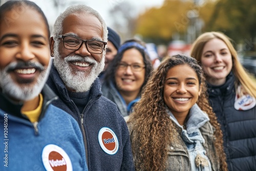 A cheerful group of people wearing I Voted stickers enjoy each other's company while celebrating their participation in the electoral process