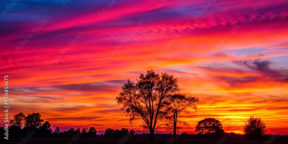 Vibrant pink and orange sunset over a silhouette of trees , sunset, sky, evening, dusk, cloud, colorful, nature, horizon Vibrant pink and orange sunset over a silhouette of trees , sunset, sky, evening, dusk, cloud, colorful, nature, horizon