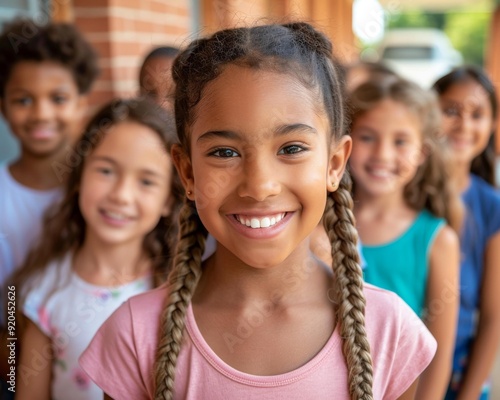 A group of happy children standing in a row and smiling at the camera. AI.