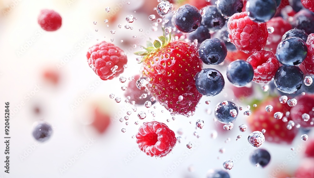 A dynamic background showcasing a cascade of mixed berries A dynamic background showcasing a cascade of mixed berries