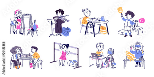Children's creative activities set. Cute contour kids with different hobbies: drawing, painting, play music instrument, chess, dance. Flat isolated outline vector illustrations on white background