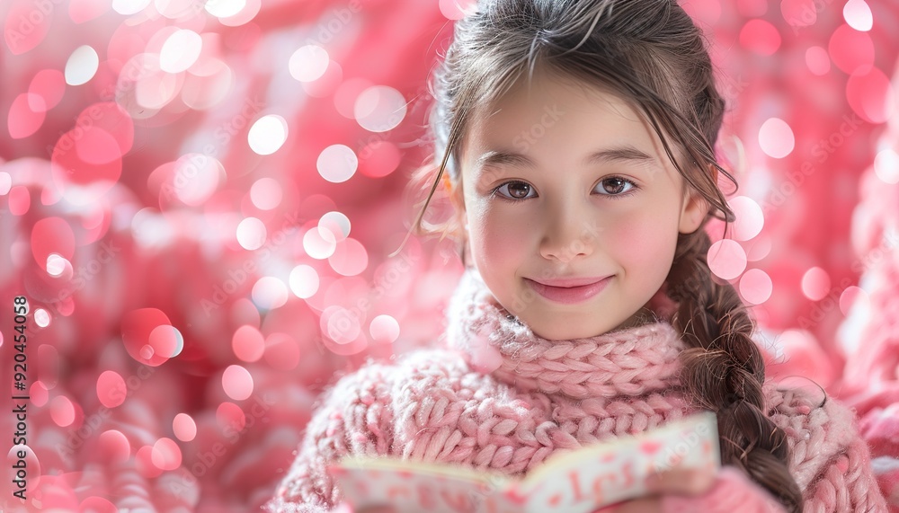 The girl reads love sms smiling on a pink background. The girl reads love sms smiling on a pink background.