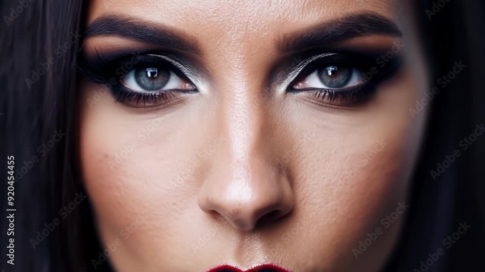 Close up of a woman with perfect skin showcasing smokey eye makeup and red lipstick, emphasizing the beauty and artistry of professional makeup application Close up of a woman with perfect skin showcasing smokey eye makeup and red lipstick, emphasizing the beauty and artistry of professional makeup application