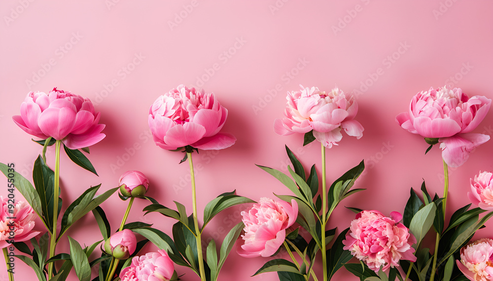 Tender peonies on pink background with copy space. Abstract natural floral frame layout with text space. Romantic feminine composition. Wedding invitation. International Women day, Mother Day concept Tender peonies on pink background with copy space. Abstract natural floral frame layout with text space. Romantic feminine composition. Wedding invitation. International Women day, Mother Day concept