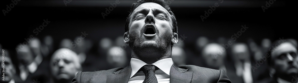 Monochrome Image of Bored Business Professional Yawning in Lengthy Meeting Monochrome Image of Bored Business Professional Yawning in Lengthy Meeting