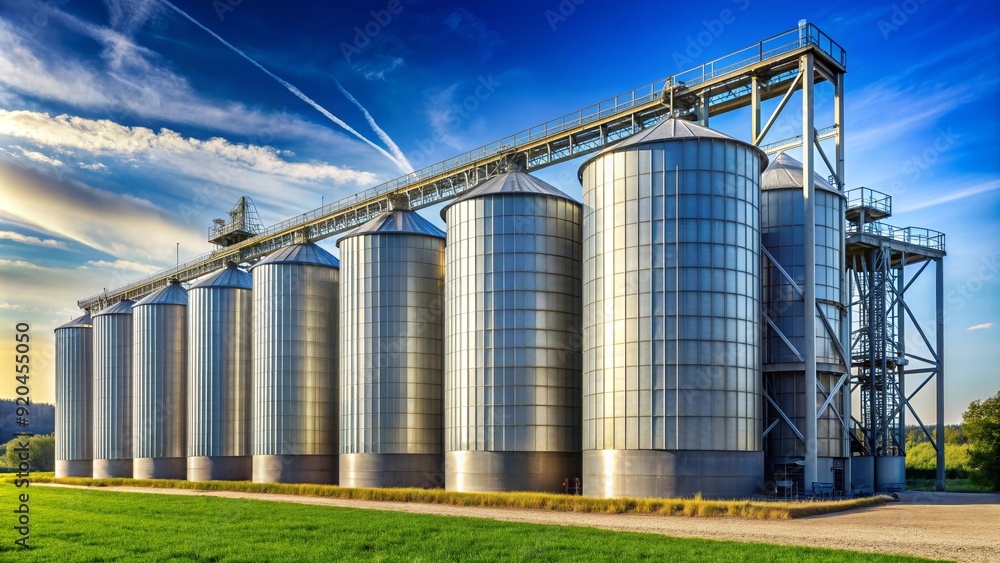 Industrial grain silos standing tall in a spacious outdoor setting, agriculture, storage, silo, rural, farming, industry, structure Industrial grain silos standing tall in a spacious outdoor setting, agriculture, storage, silo, rural, farming, industry, structure
