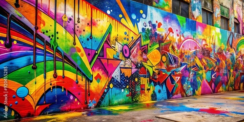 Vibrant abstract graffiti wall background with bold brushstrokes, splatters, and shapes in bright colors, perfect for artistic and pop art-inspired designs and projects.