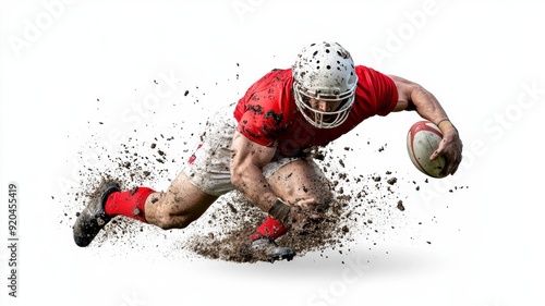 A dynamic rugby player dives to score, showcasing athleticism and grit on a muddy field. Perfect for sports action themes. photo