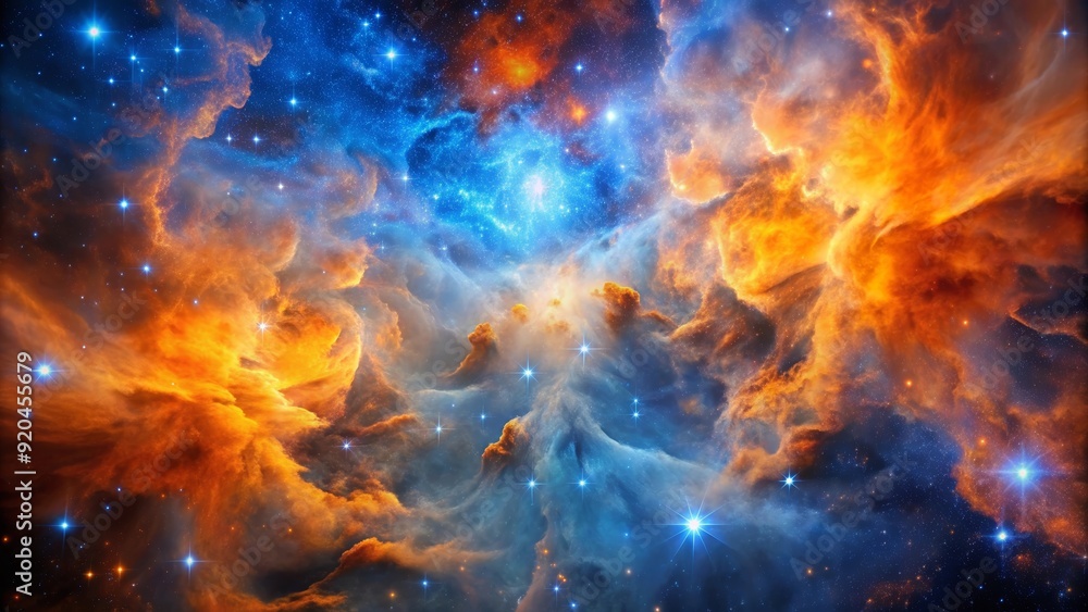 Nebula in orange and blue hues with stars shining through, abstract shape formed by gas cloud against celestial background, space Nebula in orange and blue hues with stars shining through, abstract shape formed by gas cloud against celestial background, space