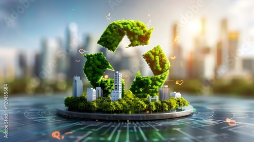 Green city with a recycle symbol. photo