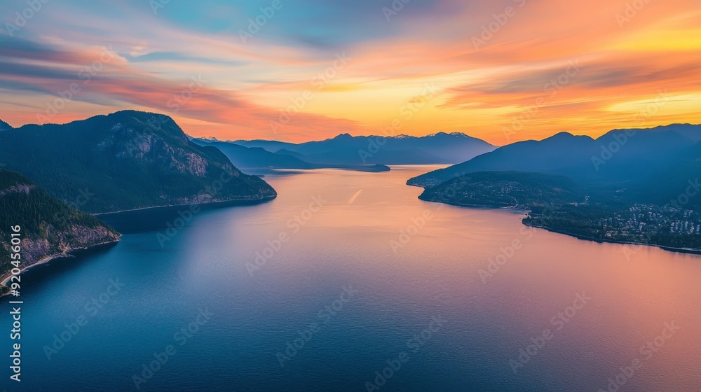 A breathtaking view of a body of water surrounded by mountains and a vibrant sunset sky. A breathtaking view of a body of water surrounded by mountains and a vibrant sunset sky.