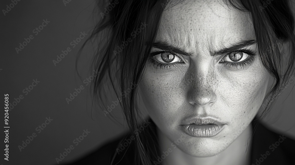 Intense Close-up of Furious Businesswoman in Monochrome Anger, Emotions Amplified Intense Close-up of Furious Businesswoman in Monochrome Anger, Emotions Amplified