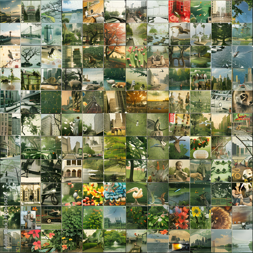 A Harmonious Grid of Natural and Urban Scenes: An Artistic Blend of Everyday Life and Environment A Harmonious Grid of Natural and Urban Scenes: An Artistic Blend of Everyday Life and Environment