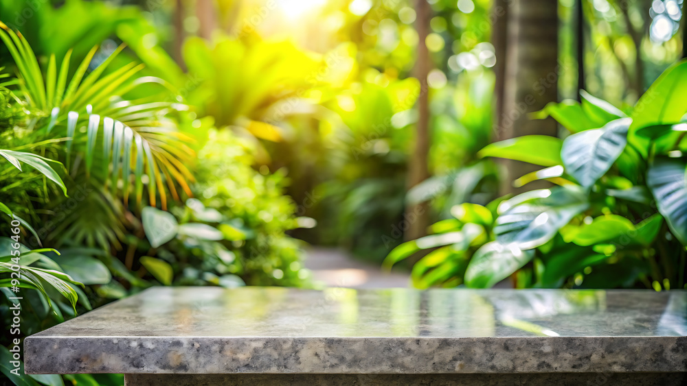 Empty Concrete Table Top with Green Foliage Background Empty Concrete Table Top with Green Foliage Background
