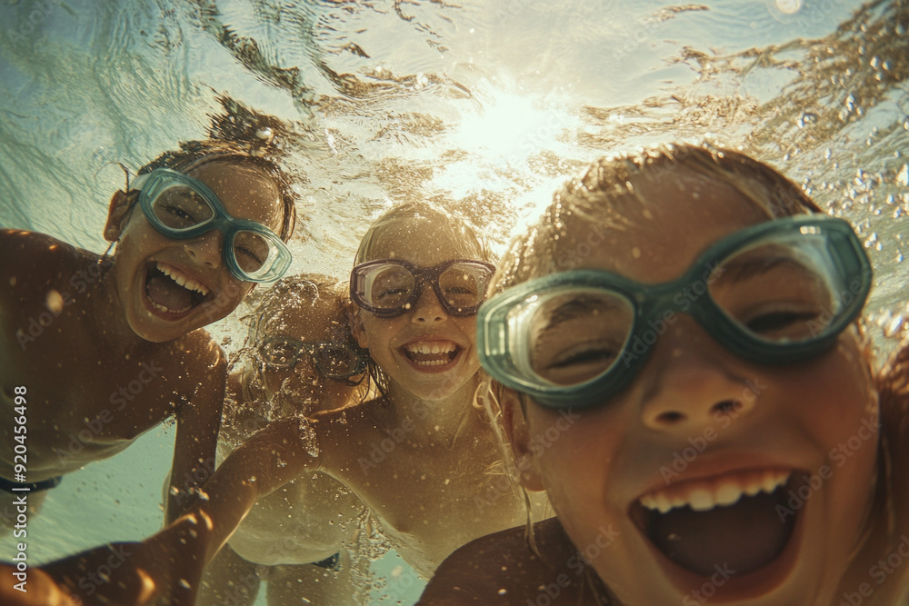 A portrait of a child wearing swimming goggles having fun in a pool on summer holiday A portrait of a child wearing swimming goggles having fun in a pool on summer holiday