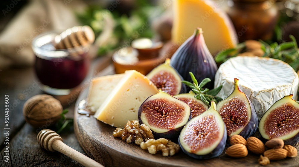 Fig and Cheese Platter: An elegant cheese platter featuring ripe figs, assorted cheeses, nuts, and honey. Fig and Cheese Platter: An elegant cheese platter featuring ripe figs, assorted cheeses, nuts, and honey.