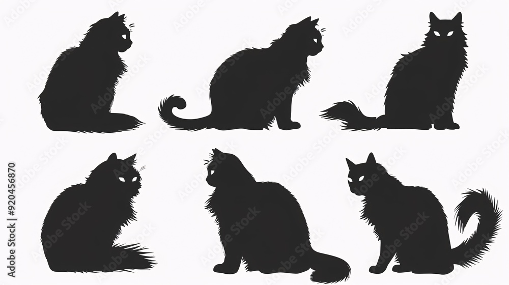A collection of dark shadow felines in varying positions, isolated on a plain backdrop. A collection of dark shadow felines in varying positions, isolated on a plain backdrop.