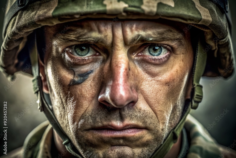 Haunted eyes gaze downward, worn face etched with deep lines, as a weary soldier's expression conveys the crippling emotional burden of post-traumatic stress disorder. Haunted eyes gaze downward, worn face etched with deep lines, as a weary soldier's expression conveys the crippling emotional burden of post-traumatic stress disorder.