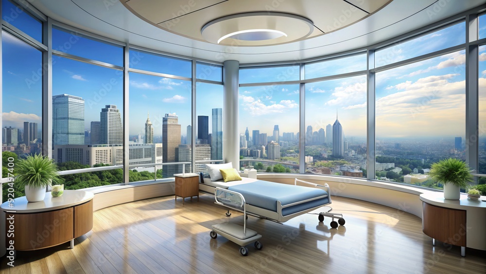A modern hospital's sleek and spacious interior with a curved panoramic window revealing a stunning cityscape, blending healthcare and urban architecture. A modern hospital's sleek and spacious interior with a curved panoramic window revealing a stunning cityscape, blending healthcare and urban architecture.