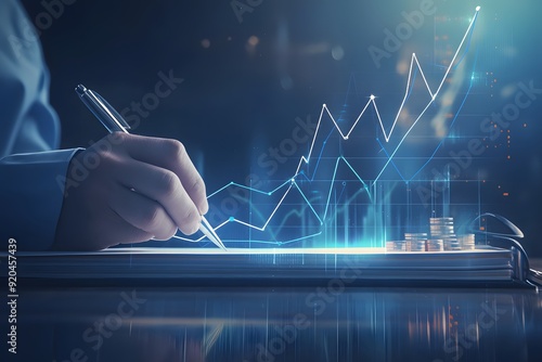 Hombre de negocios haciendo planificación financiera con gráfico ascendente y texto de Jerry sobre mesa de madera, concepto de fondo de pantalla virtual para crecimiento empresarial o monedas