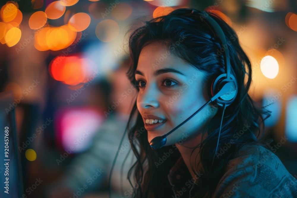 A woman with a headset and headphones, in front of a dynamic and colorful background, reflecting engagement in audio activities, AI generated A woman with a headset and headphones, in front of a dynamic and colorful background, reflecting engagement in audio activities, AI generated