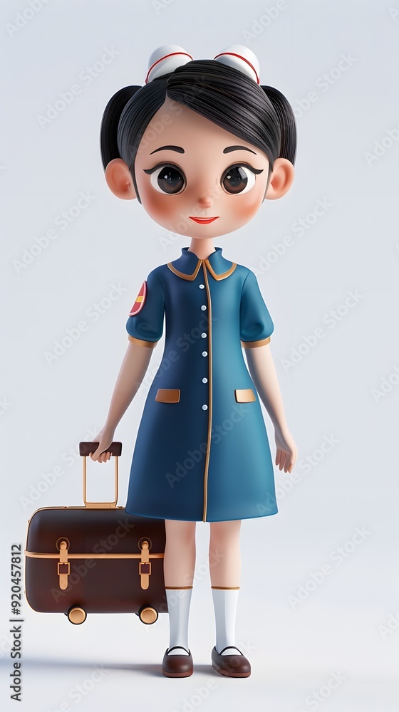 Charming 3D flight attendant holding a suitcase, representing the essence of travel and hospitality. This stylish character showcases the professionalism and warmth of cabin crew members, making it an