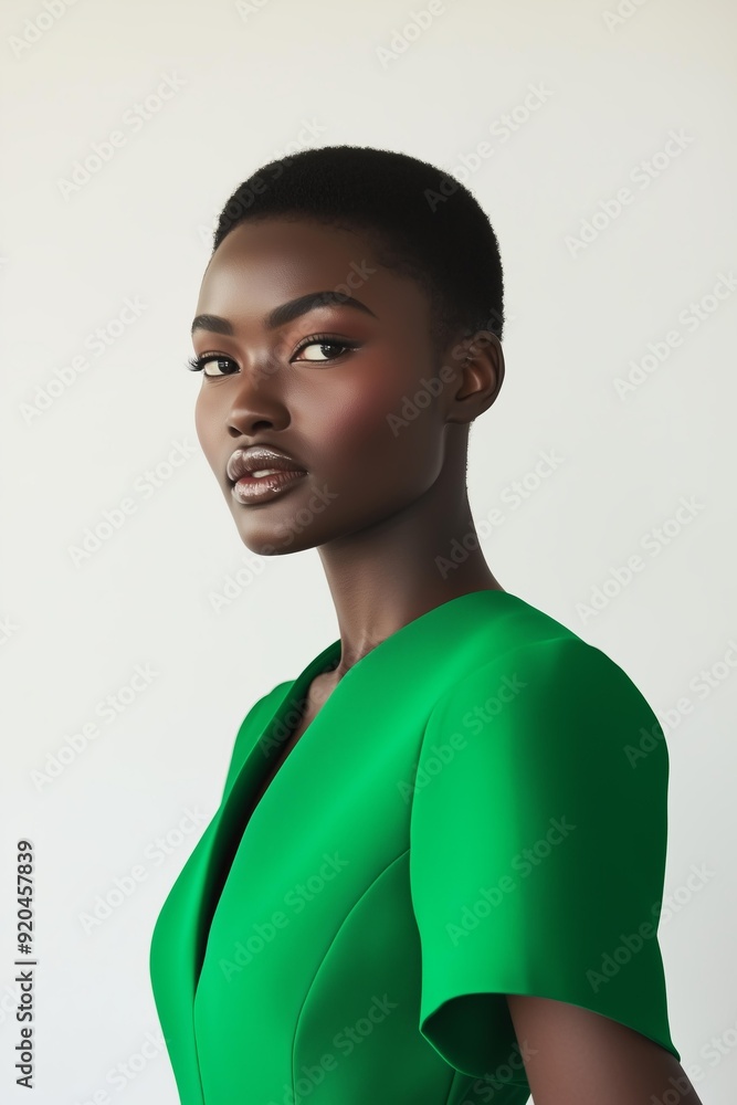 Obraz premium model with deep brown skin and short, natural black hair, wearing a vibrant green, short sleeved dress.