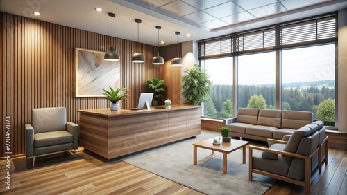 A modern reception area in a doctor's office features a sleek wooden desk, comfortable seating, and natural light streaming through large windows.